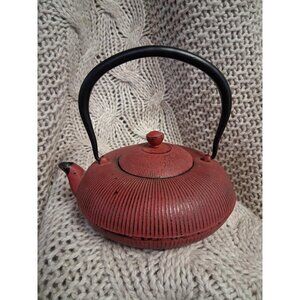 Vintage Japanese Red Cast Iron Teapot With Strainer Ribbed Design 6" Height 3" D